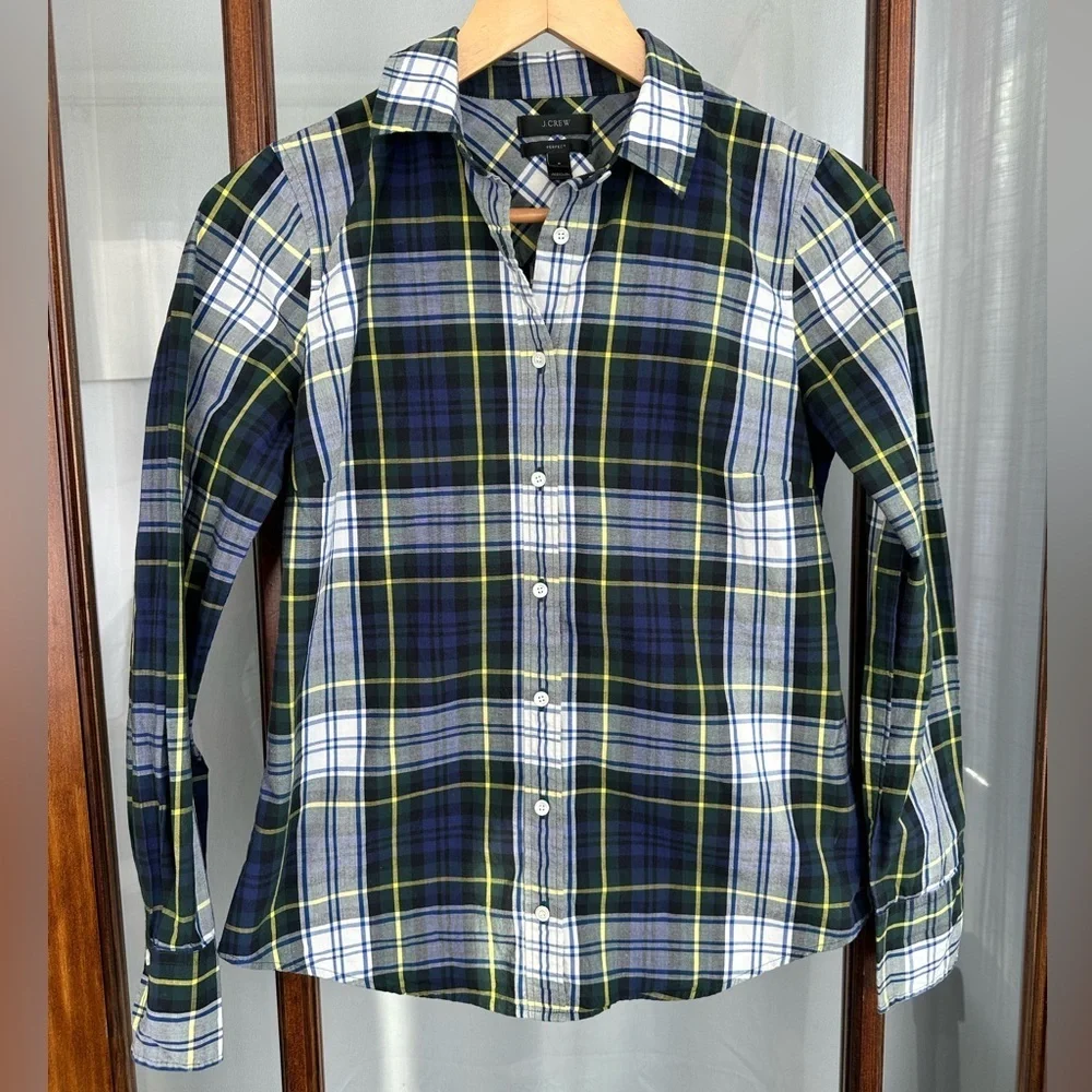 J Crew Perfect Shirt Women 2 Blue Tartan Plaid 100% Cotton Long Sleeve Button Up